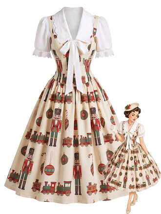 50er Weihnachts-Swingkleid mit Nussknackerprint und Wellenkragen