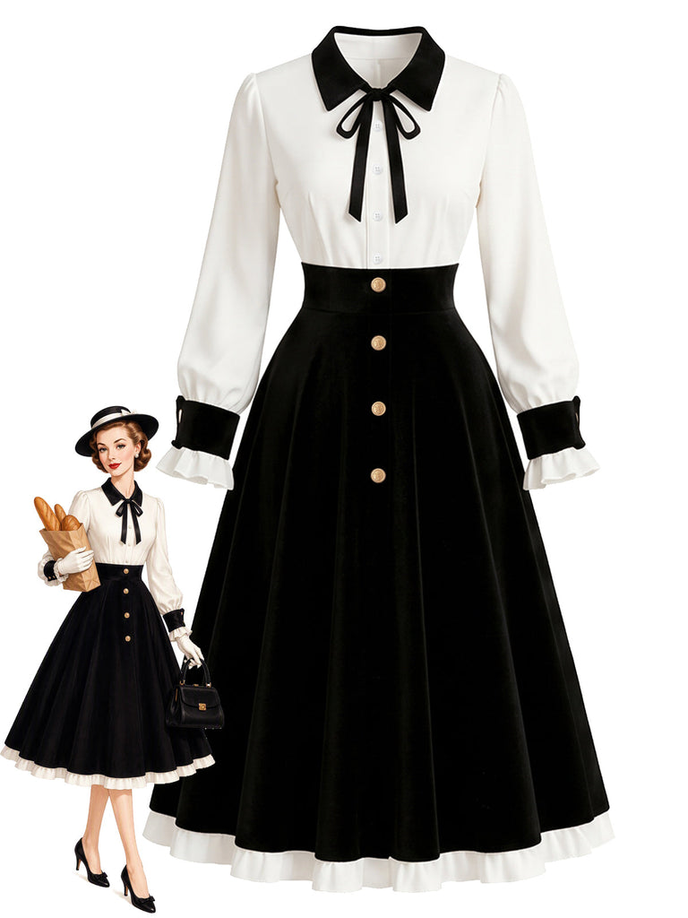 Schwarzes & weißes 50er Kleid mit Knöpfen, Kontrastschleife und Ballonärmeln