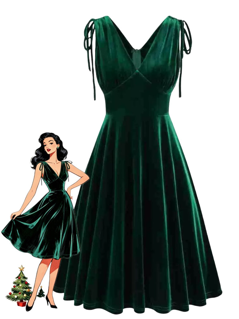 60er Samtkleid mit V-Ausschnitt und Schleifenträgern