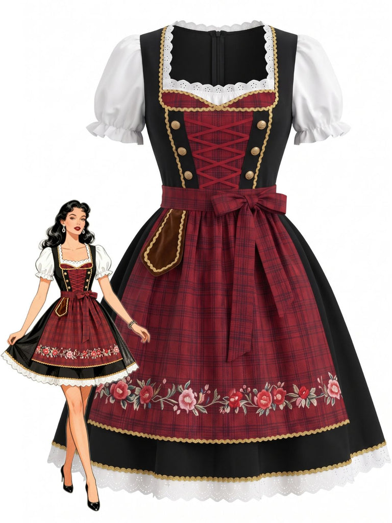 50er Oktoberfest-Dirndlset mit Puffärmeln und Blumen-Karo-Schürze