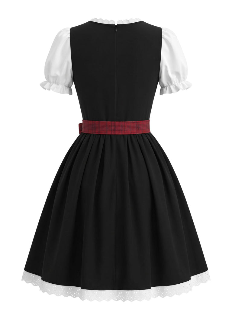 50er Oktoberfest-Dirndlset mit Puffärmeln und Blumen-Karo-Schürze