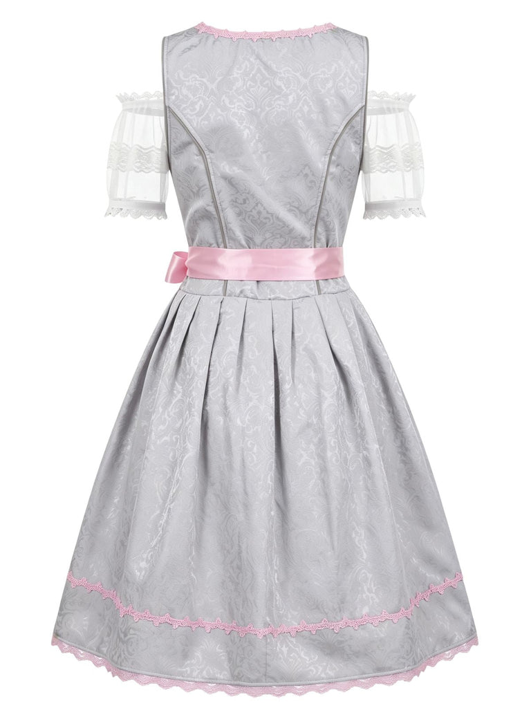 Rosa 50er Oktoberfest-Dirndl-Set mit Spitzen-Croptop und Blumenschürze