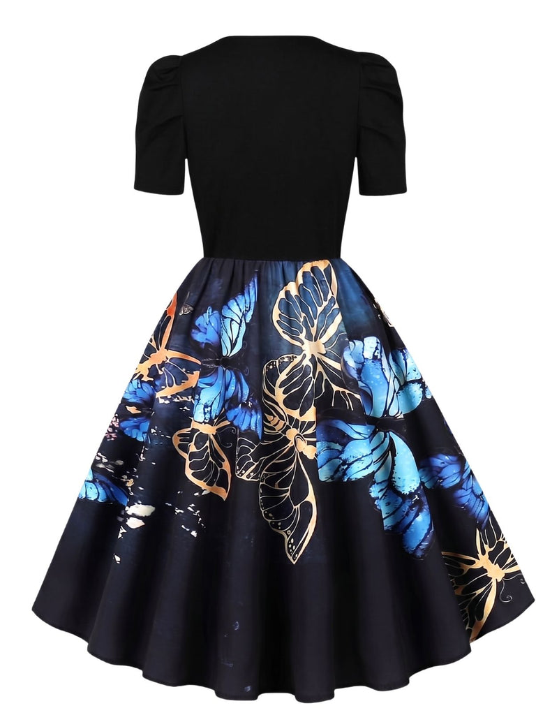 40er Kleid mit Schmetterlings-Print und Puffärmeln