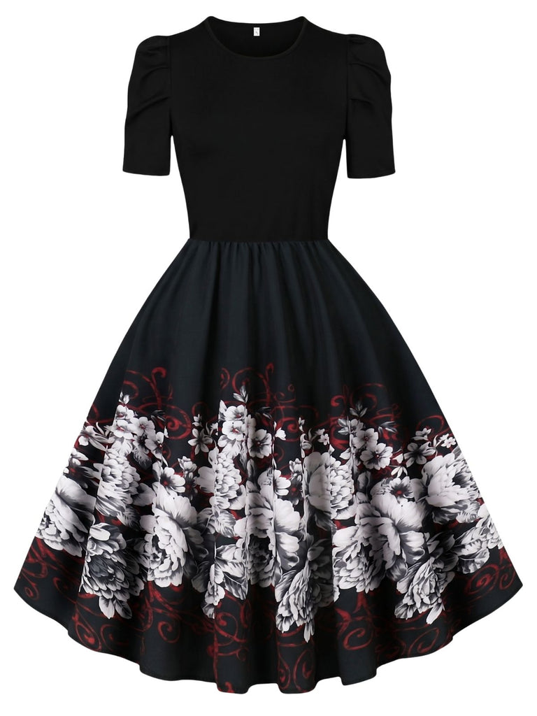 40er Kleid mit Schmetterlings-Print und Puffärmeln