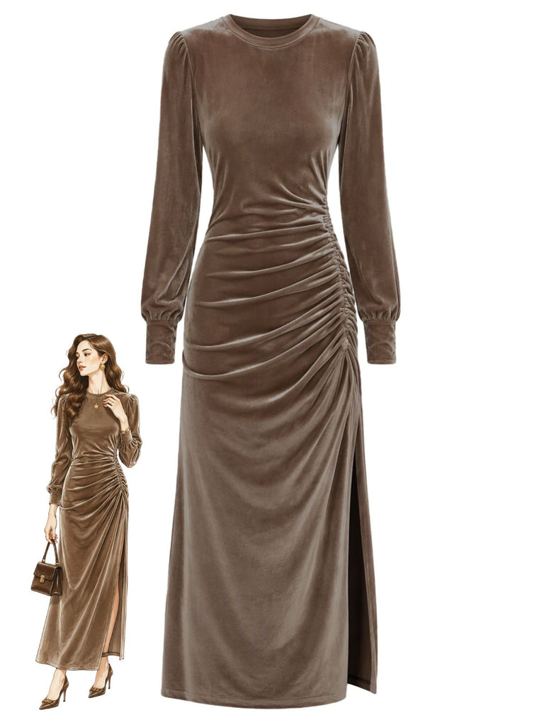 70er Langarm-Samtkleid mit Raffung und Schlitz