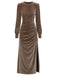 70er Langarm-Samtkleid mit Raffung und Schlitz