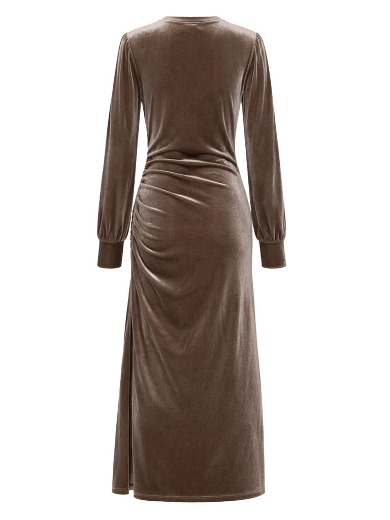 70er Langarm-Samtkleid mit Raffung und Schlitz