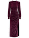 70er Langarm-Samtkleid mit Raffung und Schlitz