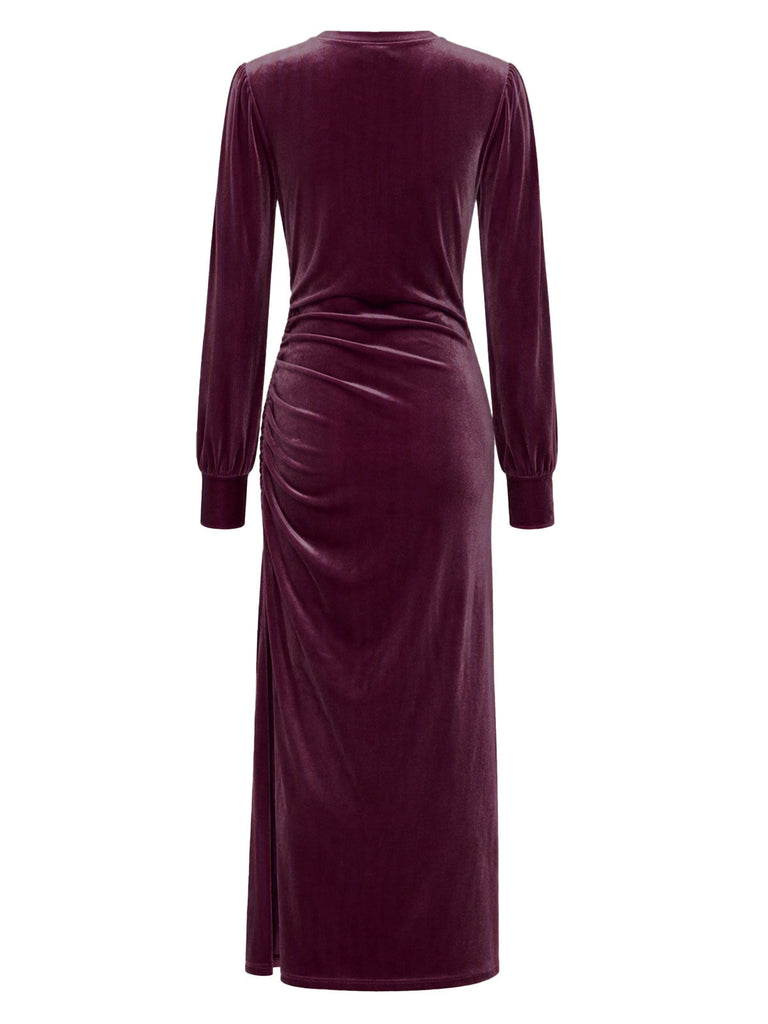 70er Langarm-Samtkleid mit Raffung und Schlitz