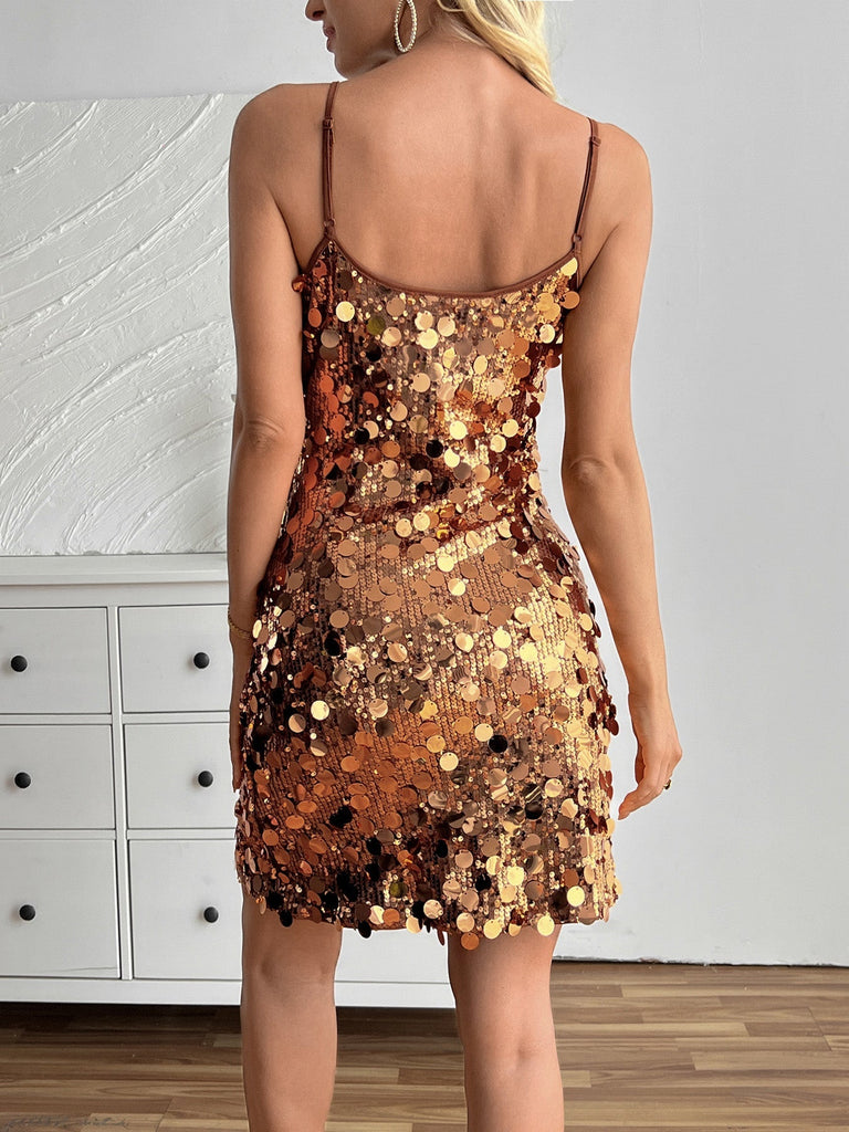 Goldenes 60er Bodycon-Minikleid mit Pailletten und Spaghettiträgern