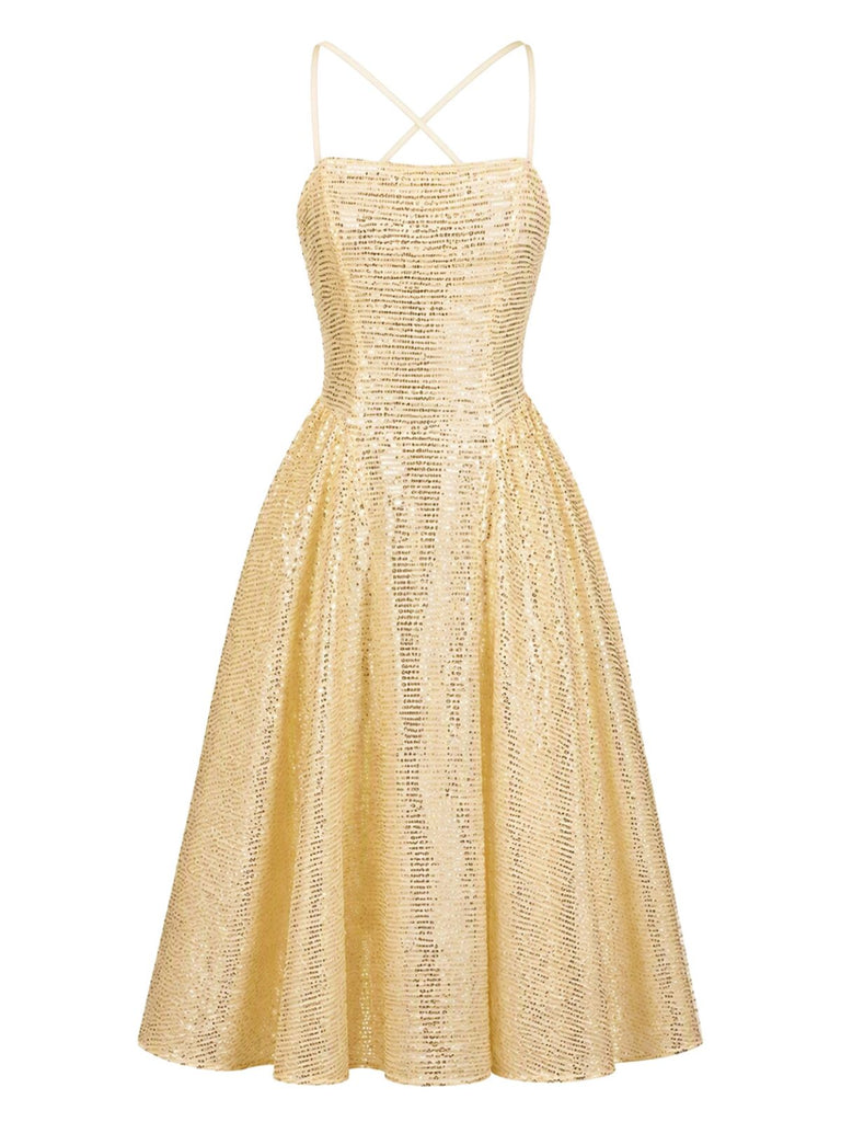 Goldenes 50er Pailletten-Midikleid mit Spaghettiträgern