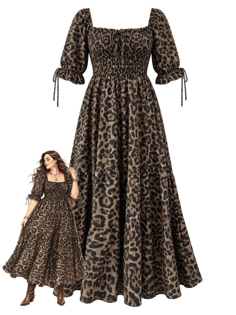 [Übergröße] Braunes 70er gesmocktes Maxikleid mit Leopardenprint und Karreeausschnitt