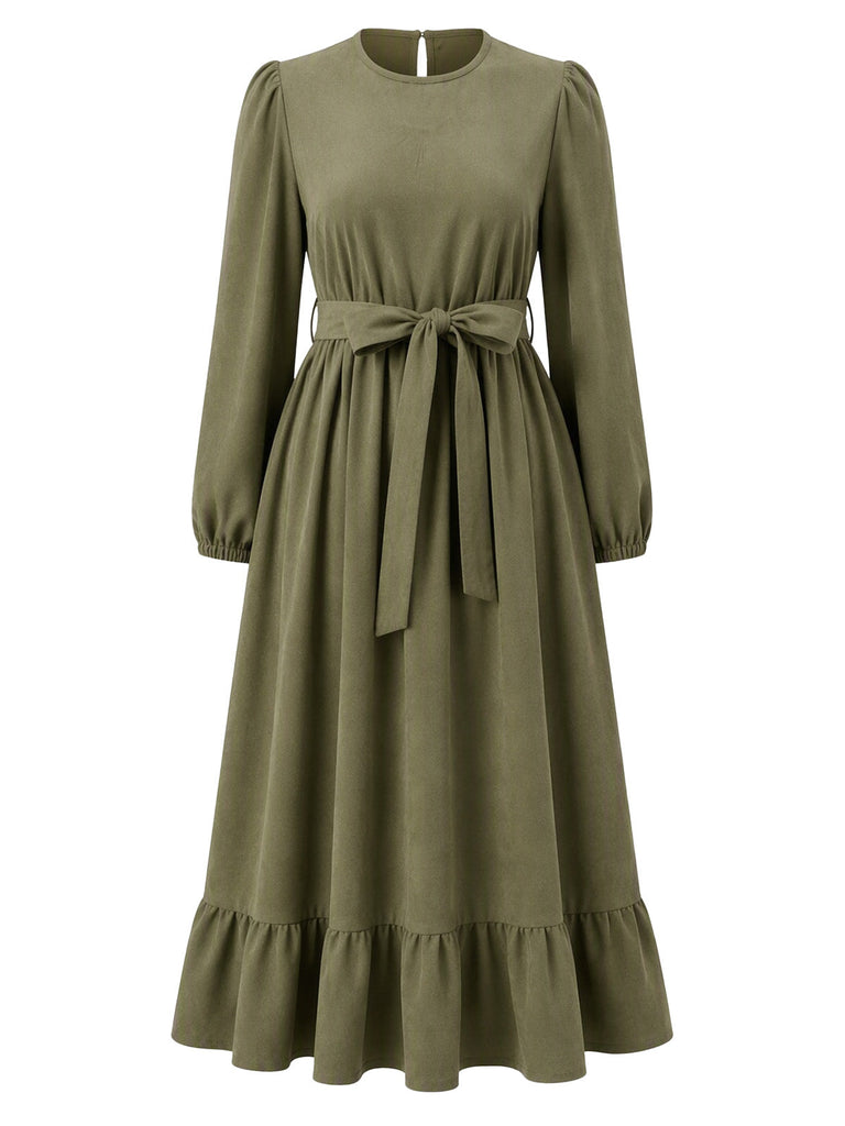 [Übergröße] Olivgrünes 50er Midikleid mit Ballonärmeln und Bindegürtel