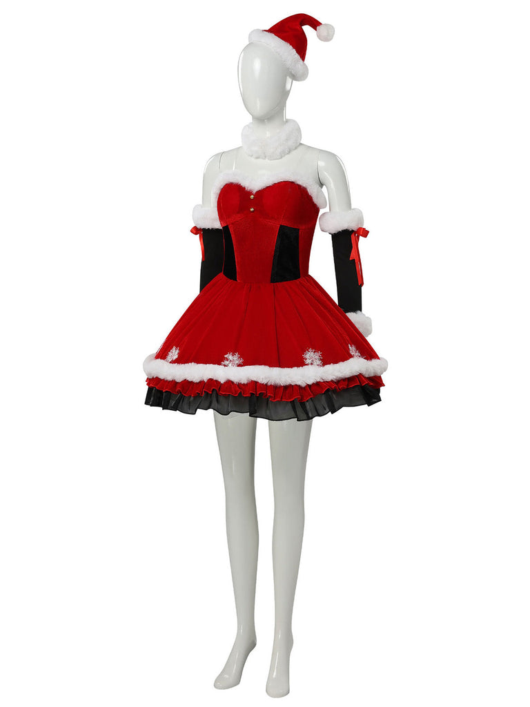 Rotes 50er Weihnachts-Samtkleid mit Fellbesatz und Schneeflocken
