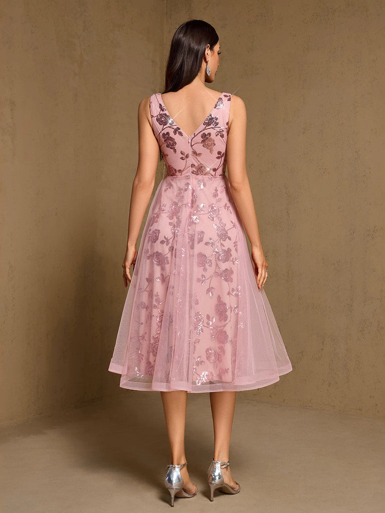 Rosa 50er Tüllkleid mit floraler Paillettenstickerei