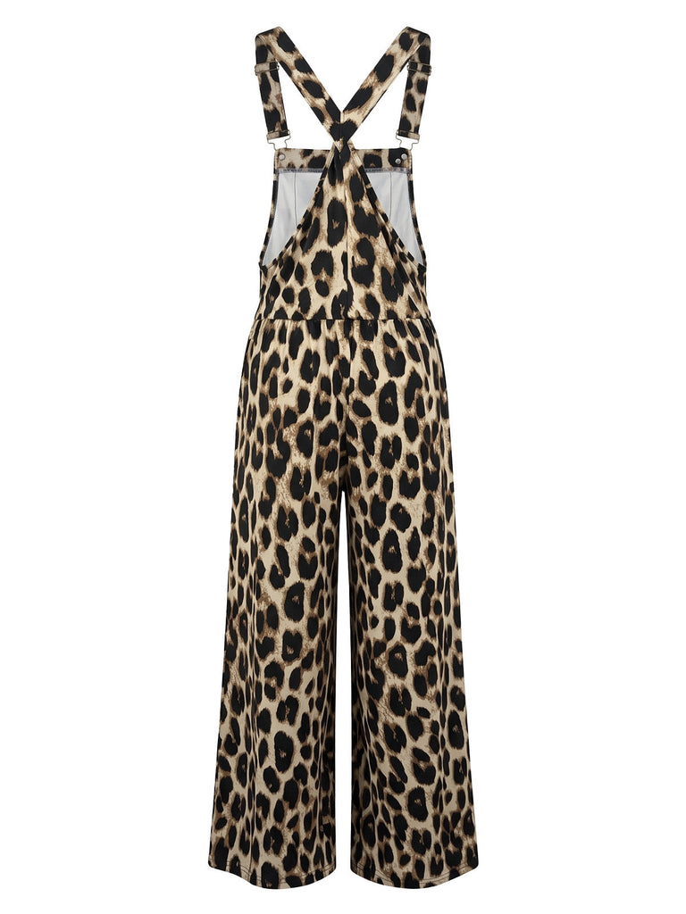 Brauner 50er Western-Jumpsuit mit Leoprint und weitem Bein