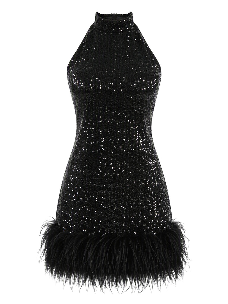 60er Pailletten-Minikleid mit Neckholder und Federsaum