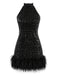 60er Pailletten-Minikleid mit Neckholder und Federsaum