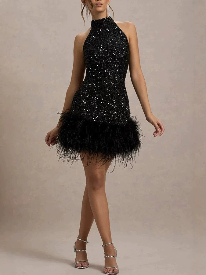 60er Pailletten-Minikleid mit Neckholder und Federsaum