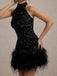 60er Pailletten-Minikleid mit Neckholder und Federsaum