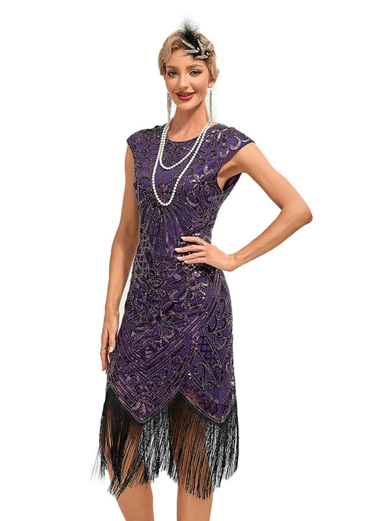 20er Gatsby-Kleid mit Pailletten, Fransen und Kappenärmeln