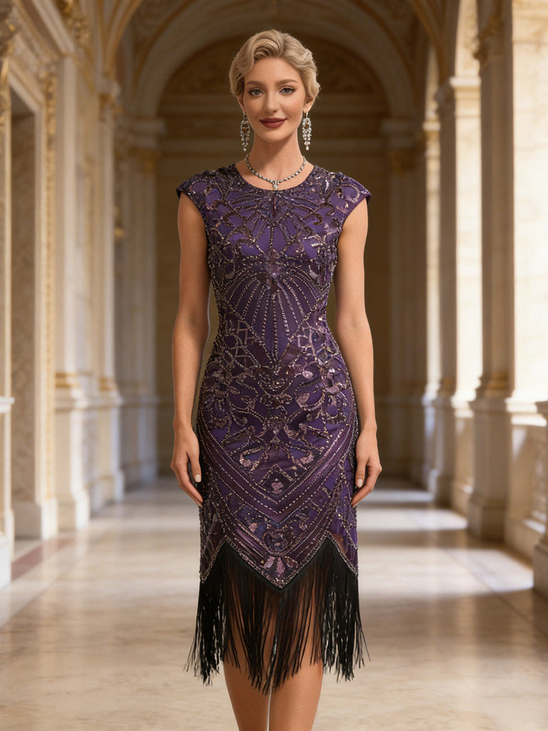 20er Gatsby-Kleid mit Pailletten, Fransen und Kappenärmeln