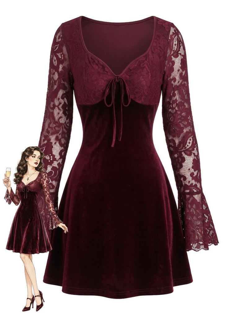 Weinrotes 60er Samt-Minikleid mit Spitzen-Glockenärmeln