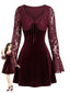 Weinrotes 60er Samt-Minikleid mit Spitzen-Glockenärmeln