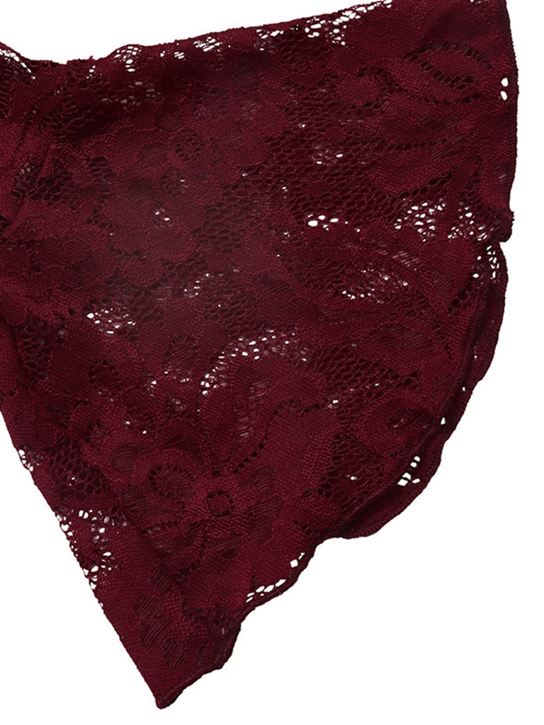 Weinrotes 60er Samt-Minikleid mit Spitzen-Glockenärmeln