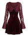 Weinrotes 60er Samt-Minikleid mit Spitzen-Glockenärmeln