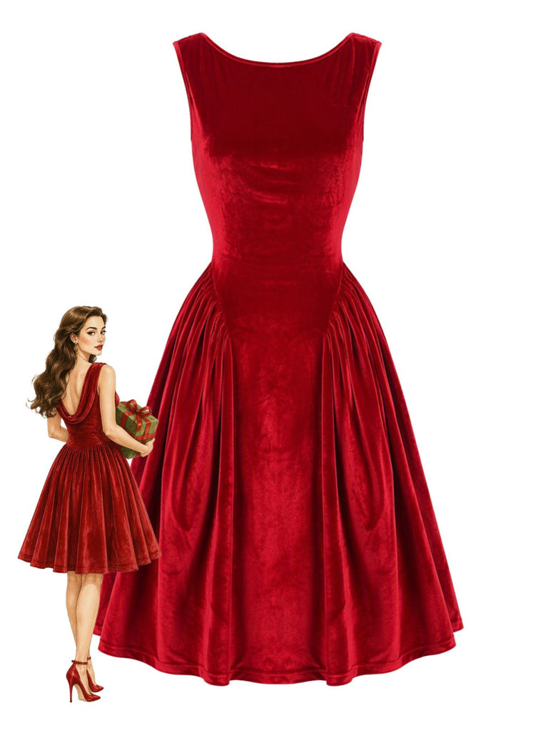 Rotes ärmelloses 50er Samtkleid mit Wasserfallrücken