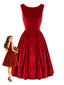 Rotes ärmelloses 50er Samtkleid mit Wasserfallrücken