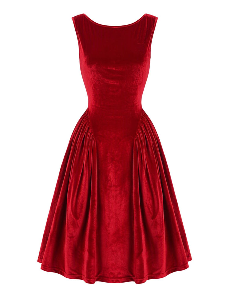 Rotes ärmelloses 50er Samtkleid mit Wasserfallrücken