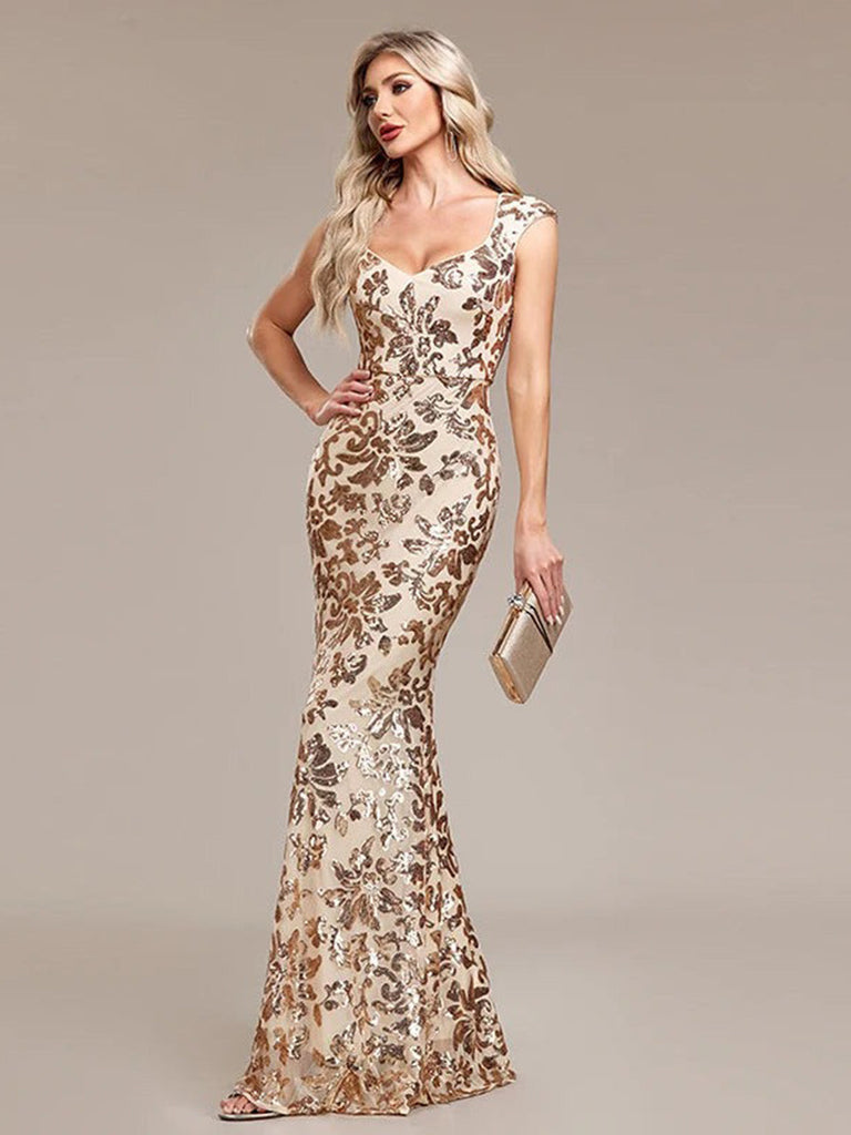 Goldenes 20er Meerjungfrauenkleid mit Blumenpailletten und Kappärmeln