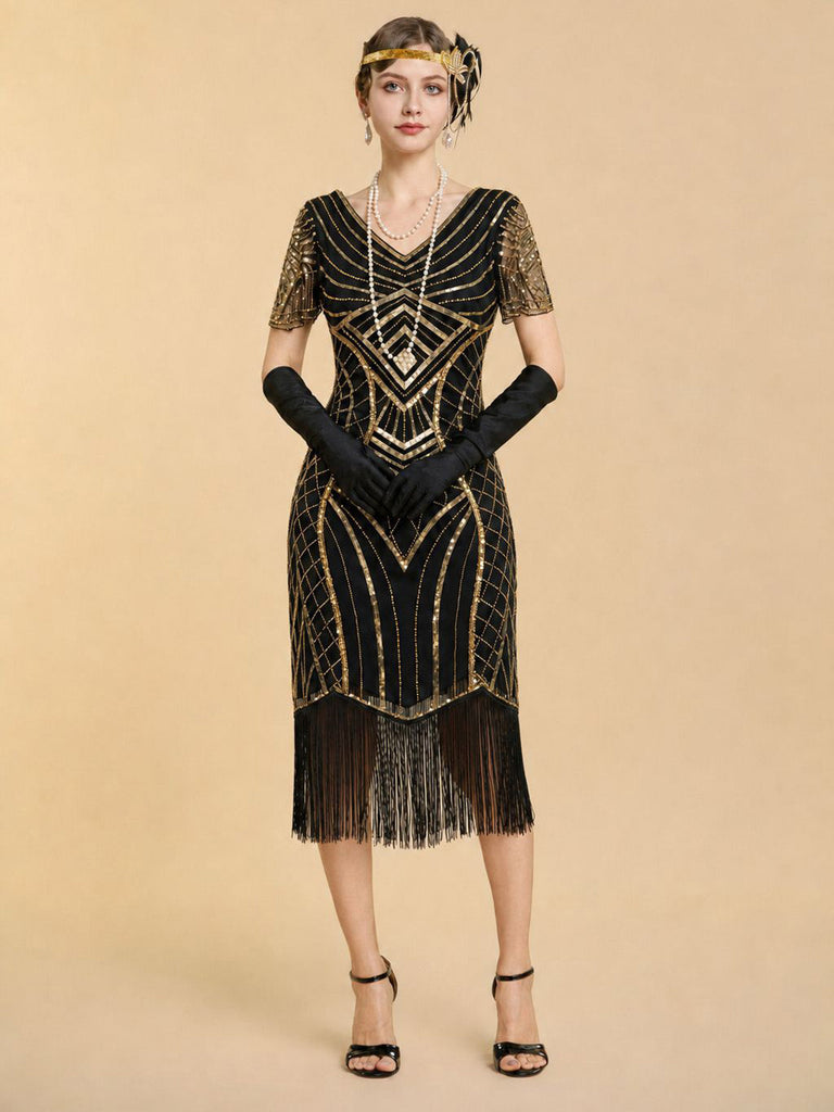 20er Art-déco-Pailletten-Flapperkleid mit V-Ausschnitt, transparenten Ärmeln und Fransen