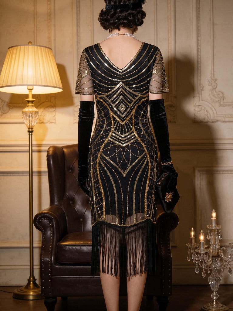 20er Art-déco-Pailletten-Flapperkleid mit V-Ausschnitt, transparenten Ärmeln und Fransen