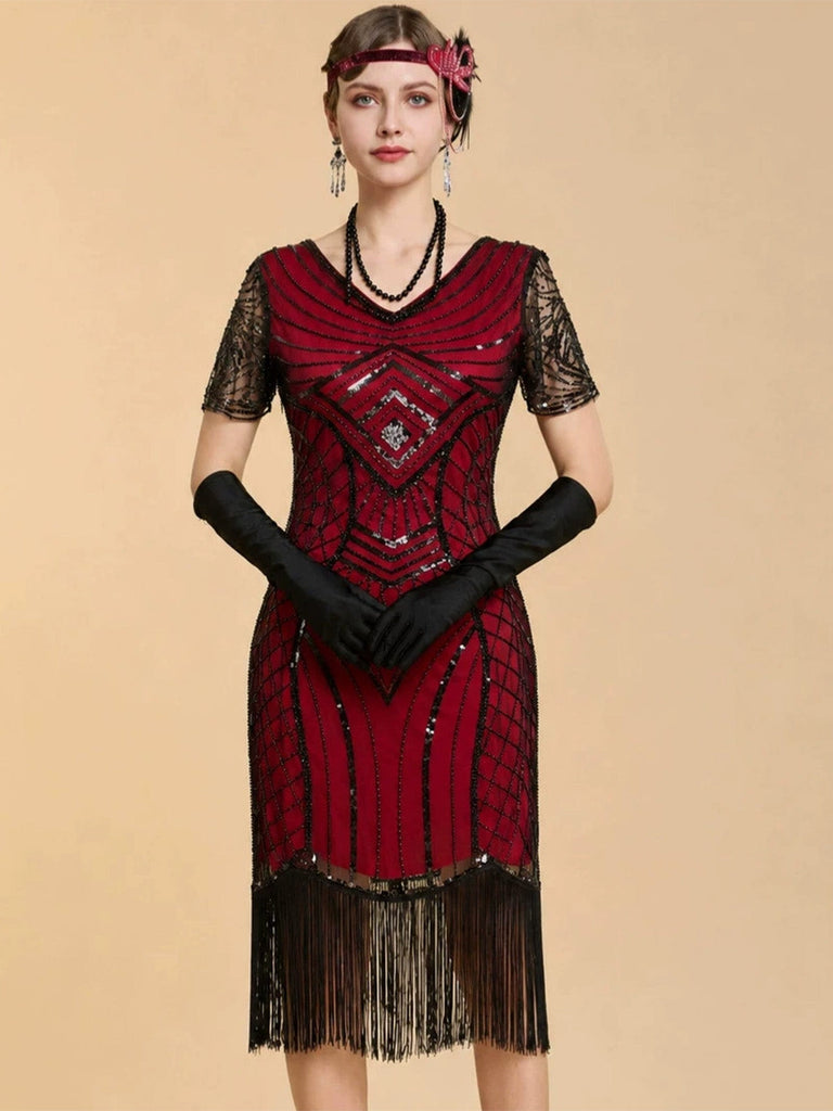 20er Art-déco-Pailletten-Flapperkleid mit V-Ausschnitt, transparenten Ärmeln und Fransen