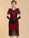 20er Art-déco-Pailletten-Flapperkleid mit V-Ausschnitt, transparenten Ärmeln und Fransen