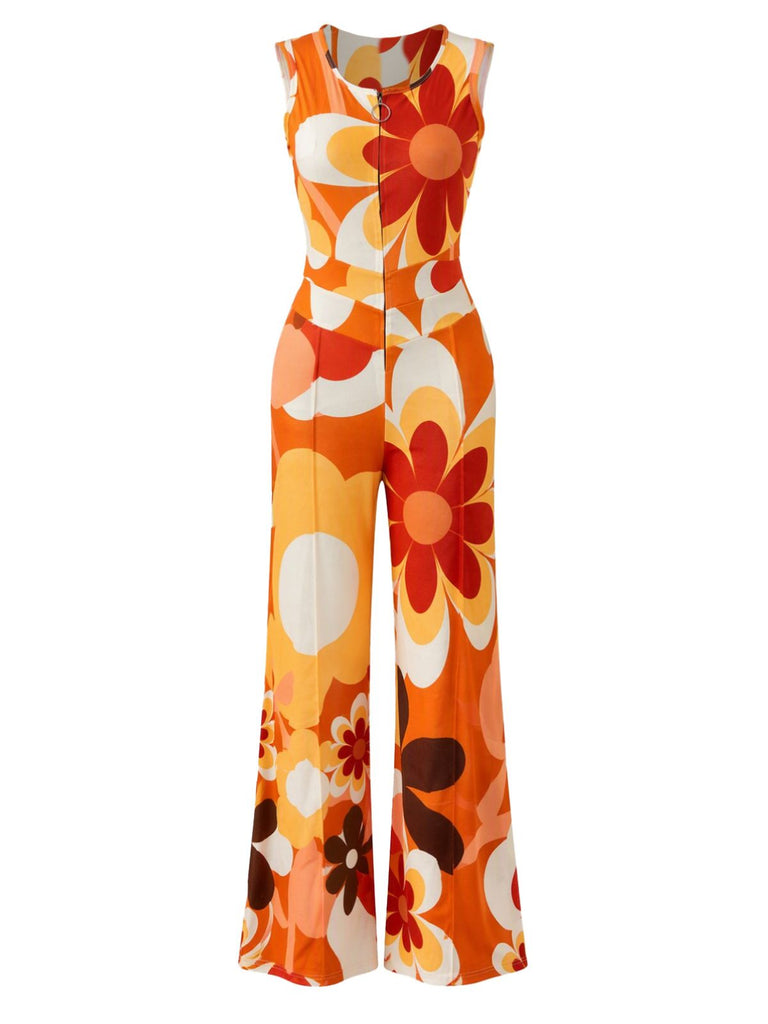 Orange 60er ärmelloser Blumen-Jumpsuit mit Herz-Cut-out am Rücken