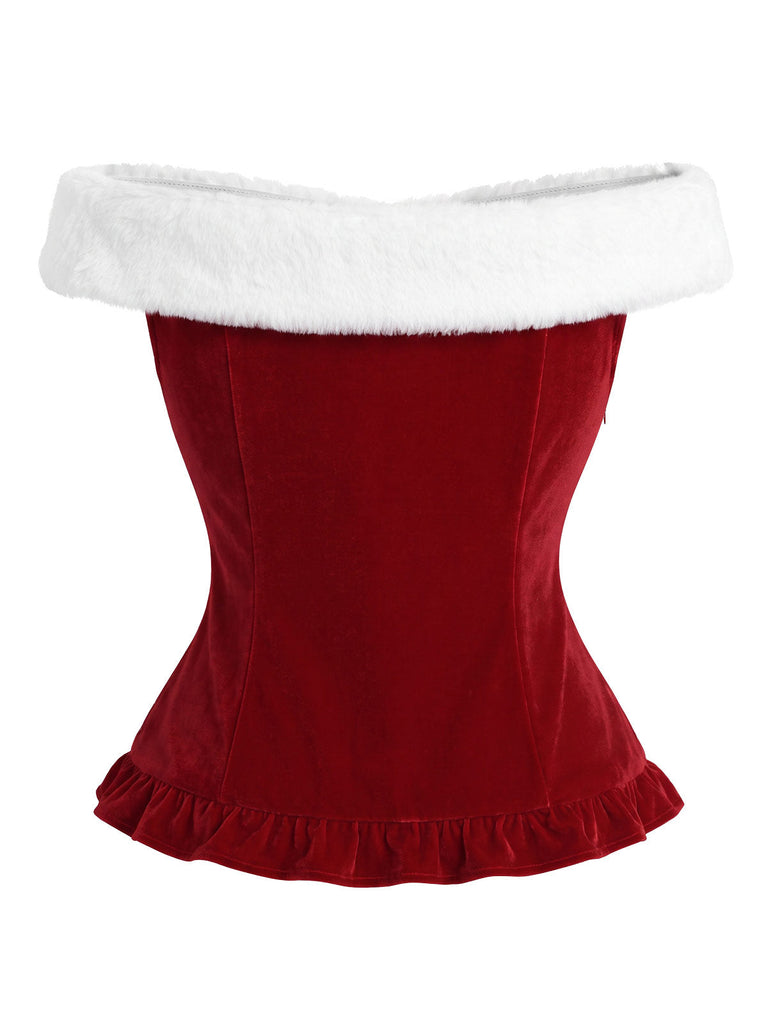 Schulterfreies 50er Weihnachts-Samttop mit Flauschbesatz und Schneeflockenknöpfen