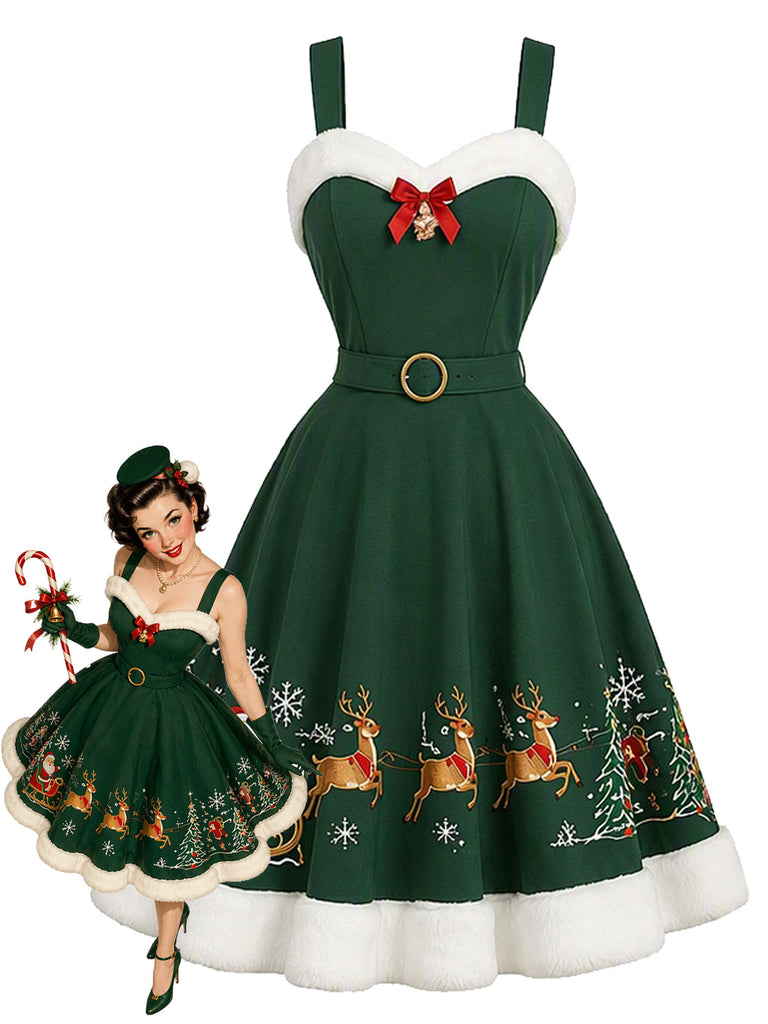 Grünes 50er Weihnachts-Swingkleid mit Santa-Schlitten-Print und Flauschbesatz