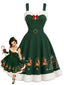 [Vorverkauf] Grünes 50er Weihnachts-Swingkleid mit Santa-Schlitten-Print und Flauschbesatz