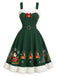 Grünes 50er Weihnachts-Swingkleid mit Santa-Schlitten-Print und Flauschbesatz
