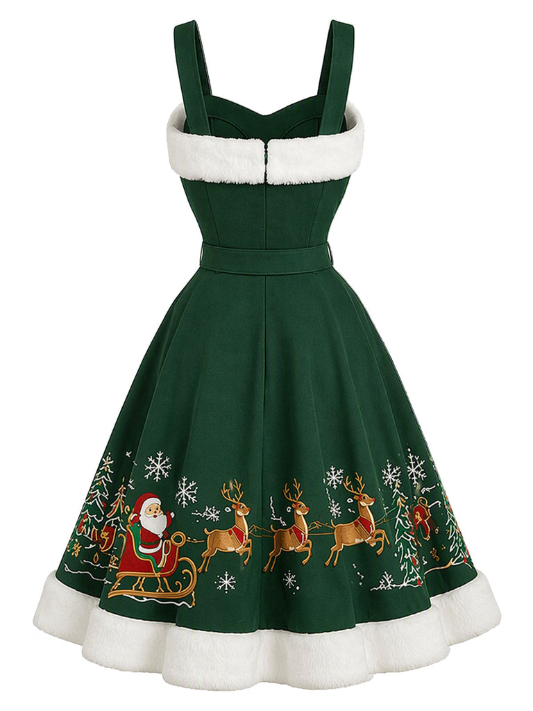 Grünes 50er Weihnachts-Swingkleid mit Santa-Schlitten-Print und Flauschbesatz