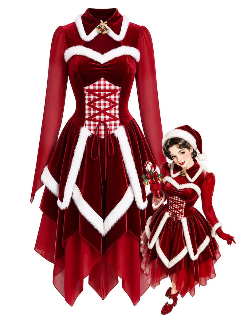 Rotes 50er Weihnachts-Samtkleid mit Schnürung und Zipfelsaum