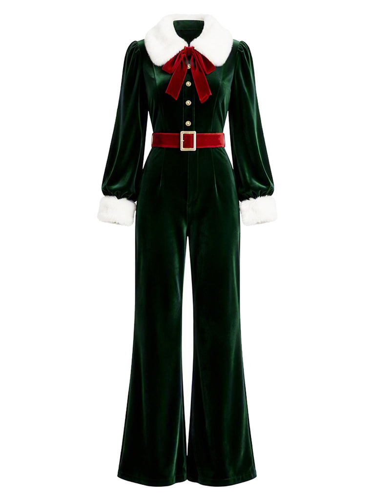 Seegrüner 70er Jumpsuit mit Plüsch-Bubikragen und Ballonärmeln