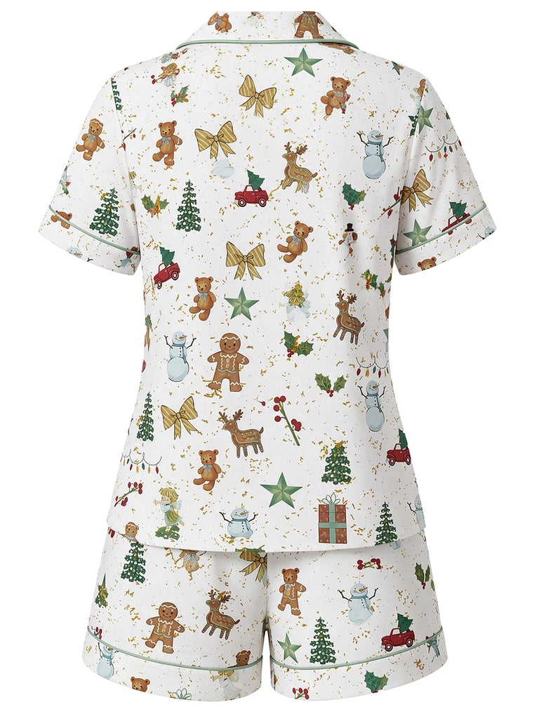 Weißes 70er Weihnachts-Pyjamaset aus Kurzarmhemd und Shorts