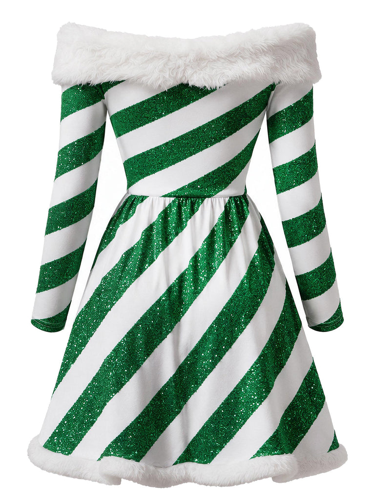 Grünes 50er Carmenkleid mit Zuckerstangenstreifen