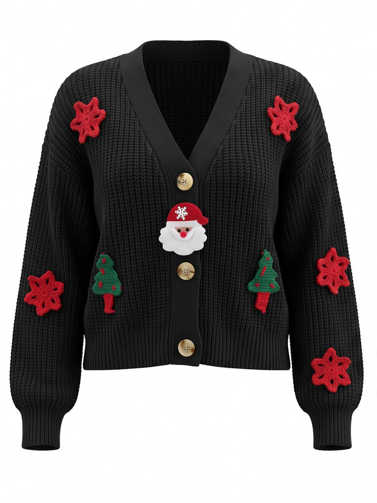 70er Weihnachts-Strickjacke mit Weihnachtsmann- und Tannenbaum-Applikationen