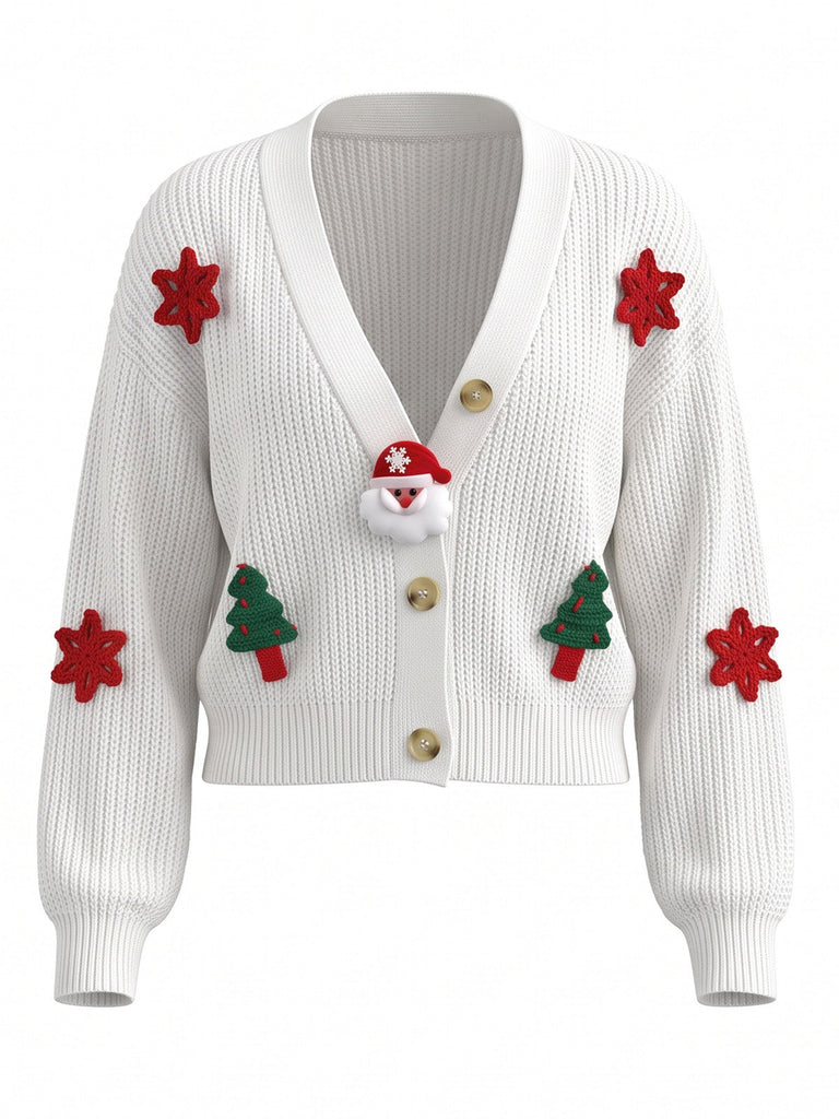 70er Weihnachts-Strickjacke mit Weihnachtsmann- und Tannenbaum-Applikationen